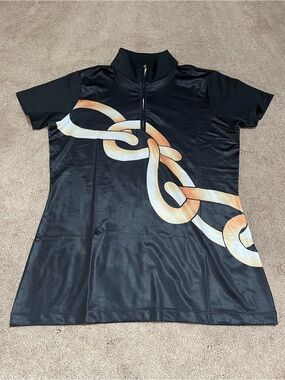 EPNY Black Short Sleeve Zip Neck Top with Gold Chain Print